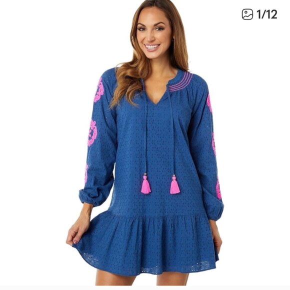 Lilly Pulitzer EUC Lucee Dress Oyster Bay Navy Bayside Eyelet Size L ($228 New) - Picture 2 of 16